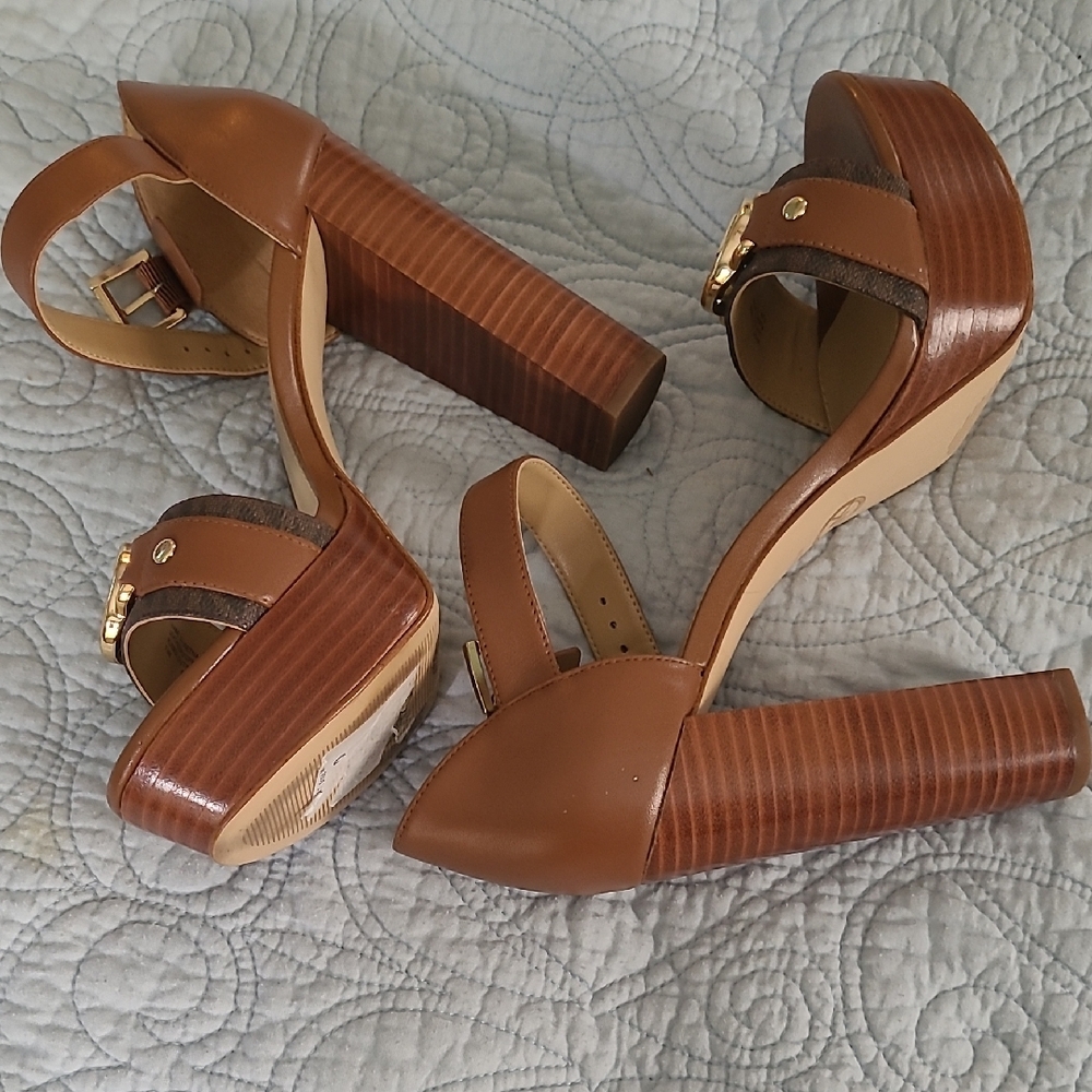 Michael Kors "Rory" Brown Heeled Sandals with Gold Accents - Picture 3 of 3